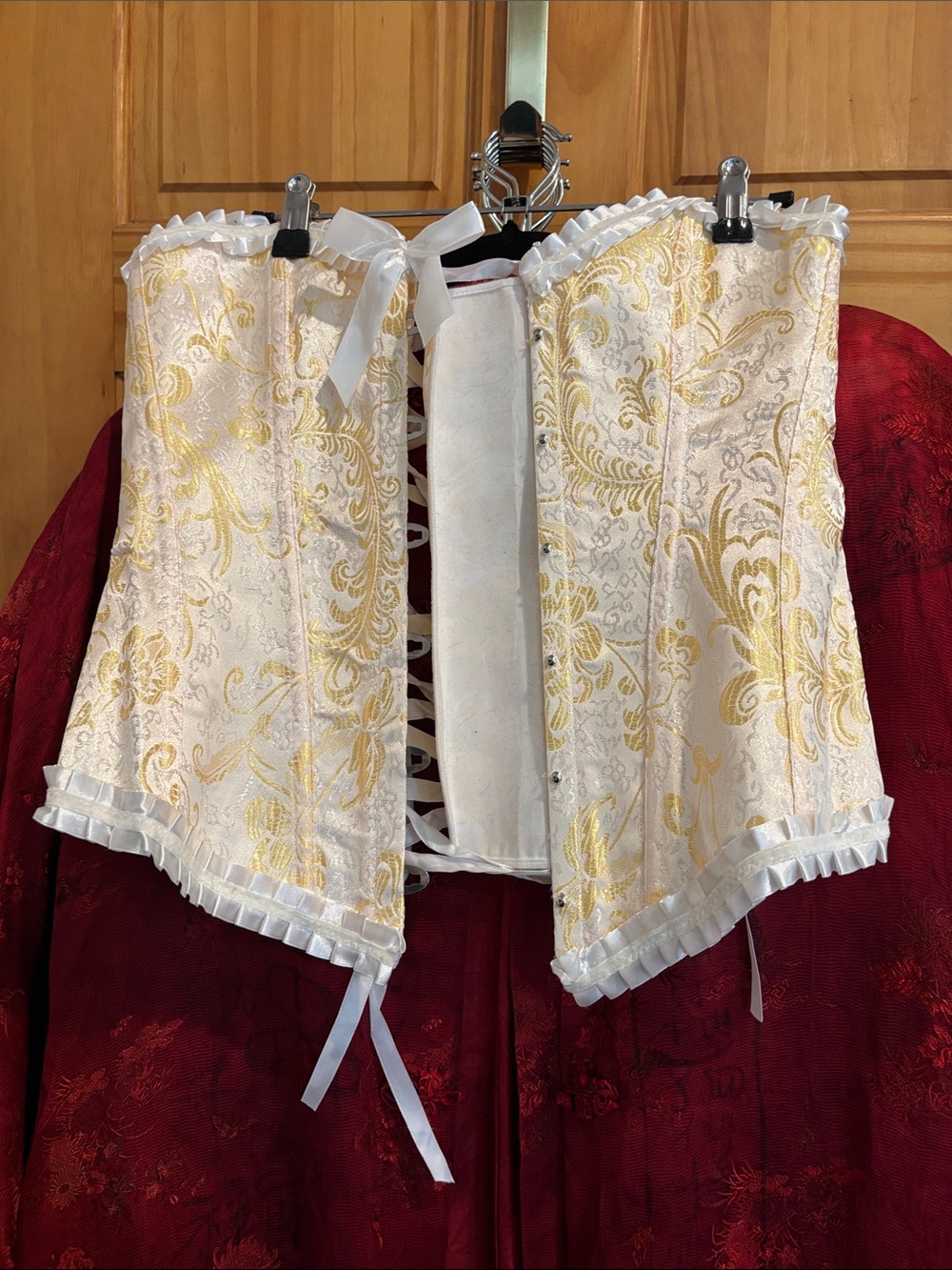 White & Gold Brocade Lace-Up Corset with Ruffle Trim